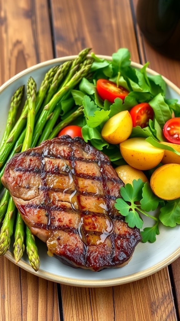 Perfect Sides for Air Fryer Steak A plate with air fryer steak, roasted asparagus, baby potatoes, and a fresh salad on a rustic wooden table.